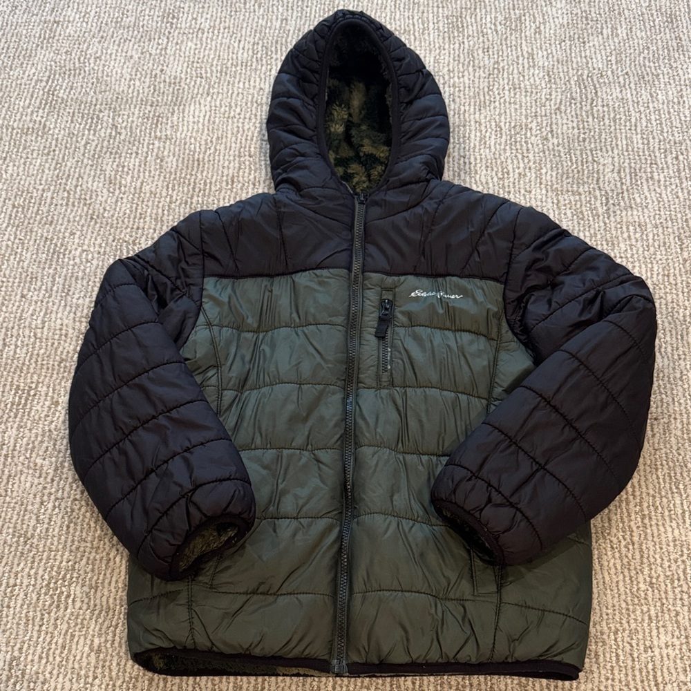 Eddie Bauer Black and Olive Hooded Jacket/reversible